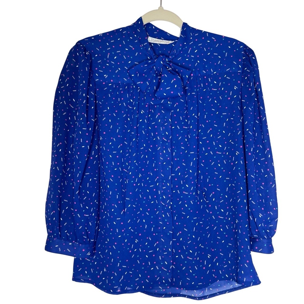 Vintage 80s Josephine Royal Blue Geometric‎ Patterned Tie Bow Blouse Size 12